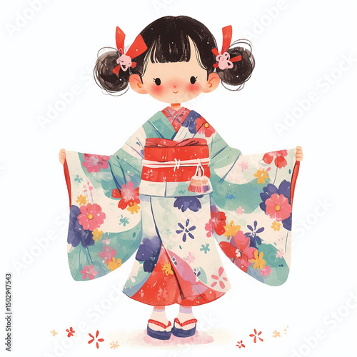 Young girl in colorful floral kimono. Celebration and Japanese tanabata festival concept. Image for banner and greeting card.