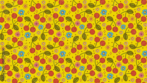 Vibrant seamless cherry and floral pattern on yellow, perfect for playful textiles, children's products, and fun summer designs.