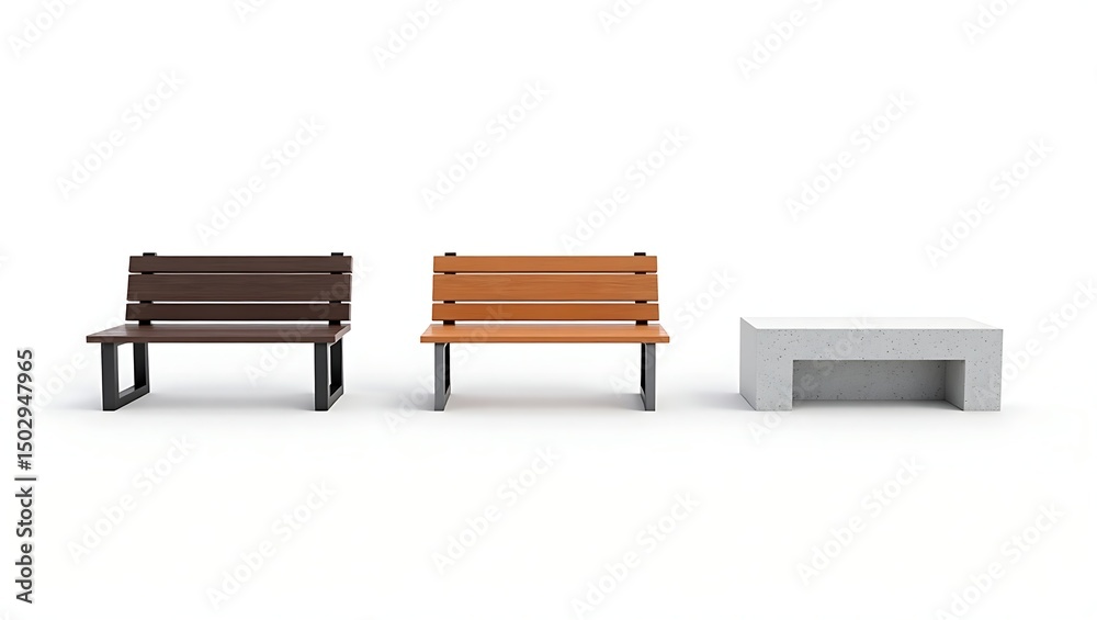 Three modern park benches in different materials and minimalist design against white background Three modern park benches in different materials and minimalist design against white background