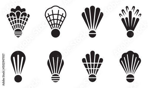 Set of black silhouette illustrations of shuttlecocks in different designs on a white background.