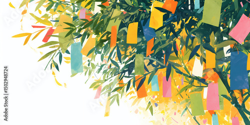 Colorful wish papers and bamboo leaves. Japanese tanabata background. Image for wallpaper and banner.