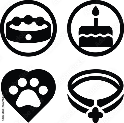 Celebration themed vector icons of dog items with customizable options for personalization