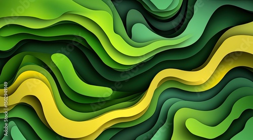 Abstract layered design with flowing, undulating shapes of vibrant greens and yellows