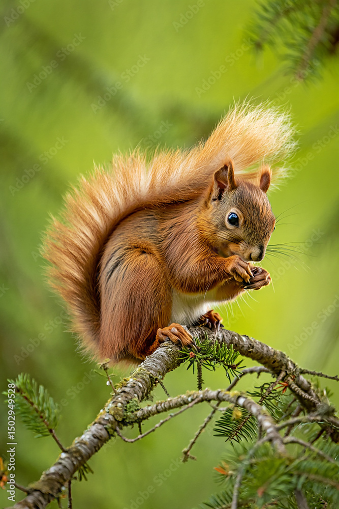 Fototapeta premium Red squirrel perched on a pine branch eating a nut in a forest, surrounded by green foliage in a natural woodland environment