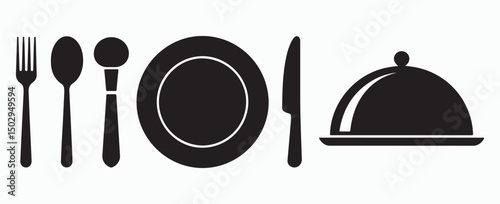 Set of black silhouette illustrations of dining utensils, including a fork, spoon, knife, plate, and cloche, representing fine dining.