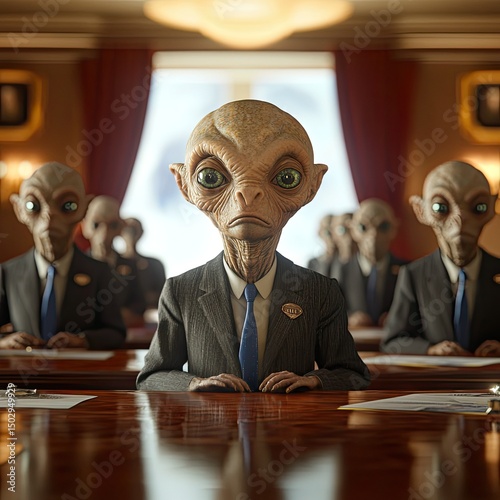 Aliens in suits attend serious intergalactic summit meeting a tense standoff shown in sharp focus