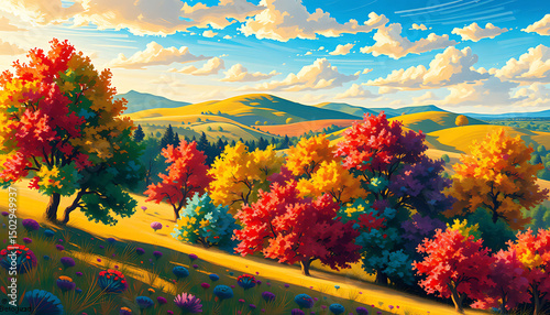 Colorful autumn mountain landscape with vibrant forest trees under a clear sky
