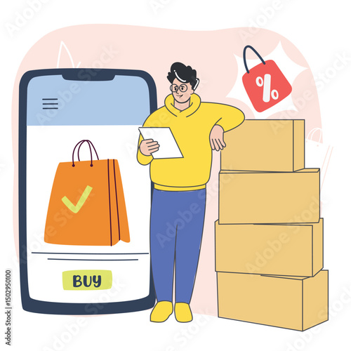 Delivery man with boxes and mobile shopping app screen – flat style e-commerce and logistics illustration