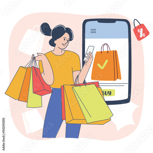 Woman holding shopping bags and using smartphone for online shopping – flat vector e-commerce illustration
