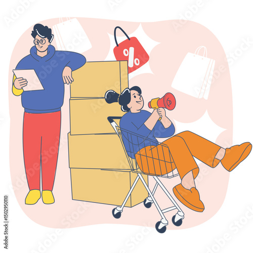 E-commerce teamwork with shopping cart and packages – flat style vector illustration