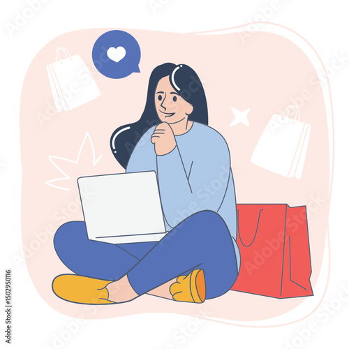 Happy woman shopping online using laptop – flat style ecommerce illustration