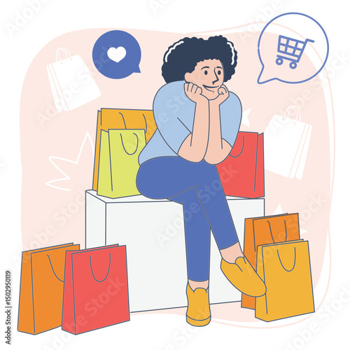 Smiling woman dreaming about online shopping – ecommerce illustration with colorful bags