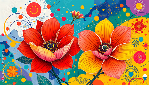 Seamless vector pattern of colorful flowers and butterflies on a floral background