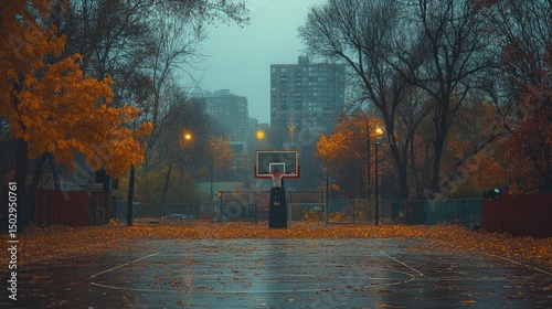 A serene autumn basketball court surrounded by vibrant fall foliage and a misty urban skyline in the background
