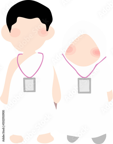 Cute Muslim Kids in Ihram Clothing for Hajj and Umrah Pilgrimage – Islamic Cartoon Illustration for Education and Religious Content Design