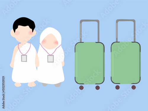 Cartoon Illustration of Muslim Couple in Ihram with Luggage for Hajj or Umrah Travel – Islamic Pilgrimage Preparation Concept