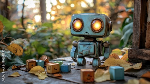 Charming vintage robot toy with glowing eyes surrounded by colorful building blocks in a serene autumn garden setting