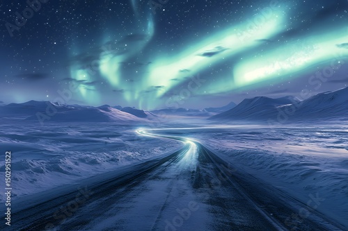 Arctic Road Underneath Northern Lights Display