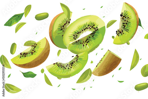 Qiwis and half of qiwi fruits in the splash of green juice, hand drawn watercolor illustration.