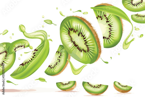 Qiwis and half of qiwi fruits in the splash of green juice, hand drawn watercolor illustration.