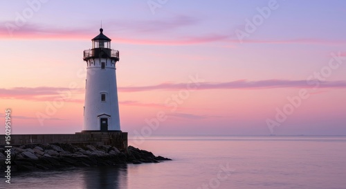Wallpaper Mural Serene Coastal Scene at Dusk with Solitary Lighthouse Standing on Jetty Against Peaceful Waters and Vibrant Sky in Shades of Purple and Pink Torontodigital.ca