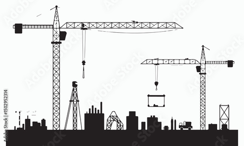  Industrial construction cranes lifting materials with factories and buildings in a skyline, engineering work