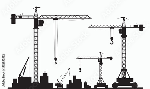  Industrial construction cranes lifting materials with factories and buildings in a skyline, engineering work