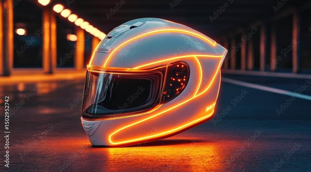 Fototapeta premium Futuristic white motorcycle helmet with glowing orange accents