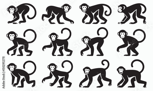 Set of black silhouette illustrations of monkeys in various poses, showing movement and playful actions.