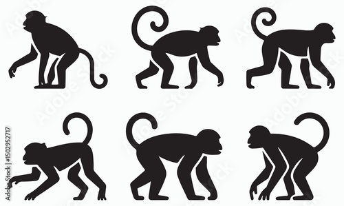 Set of black silhouette illustrations of monkeys in various poses, showing movement and playful actions.