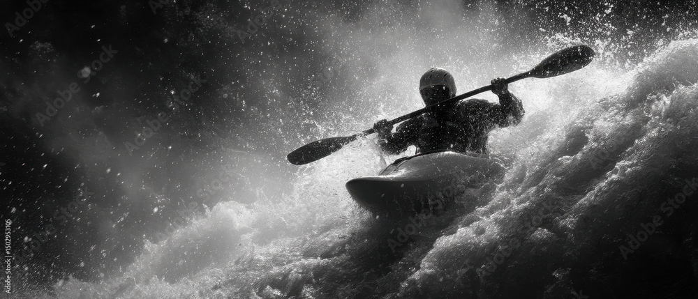 Fototapeta premium Kayaker navigates stormy waters with intense focus