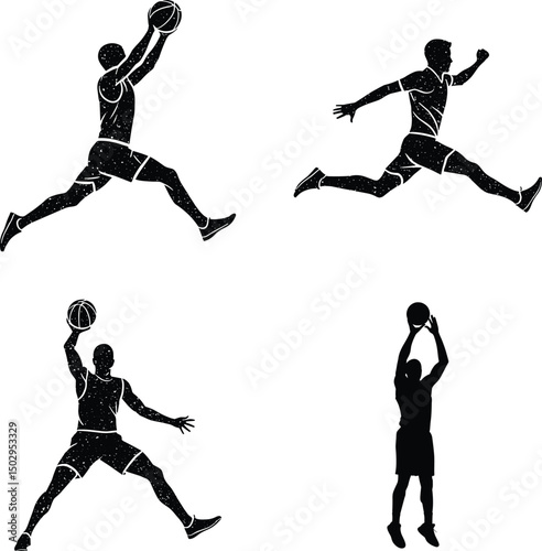 Dynamic Basketball Player Silhouette Clipart SVG  Sublimation in Action Pose. Basketball Black Vector Illustration. Slam Dunk, Athlete, Street Style, Urban Vibes, High Jump, Dribbling  for Sports.
