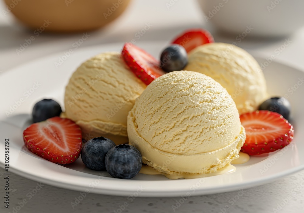 Creamy Vanilla Ice Cream Scoops Garnished with Fresh Strawberries and Blueberries on a White Plate for a Delicious Dessert Experience Creamy Vanilla Ice Cream Scoops Garnished with Fresh Strawberries and Blueberries on a White Plate for a Delicious Dessert Experience