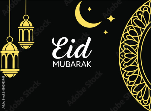 Islamic Eid Mubarak celebration design with golden lanterns and moon symbol