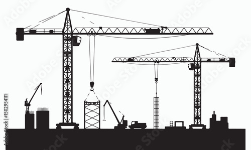Set of black silhouette illustrations of construction cranes, showing cranes in various positions and machinery at a construction site.
