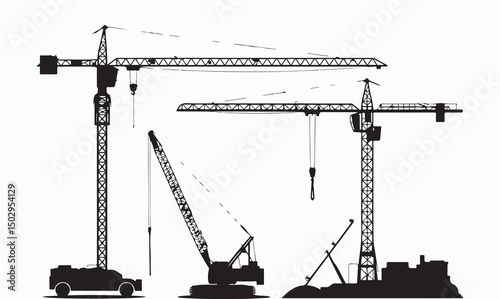 Set of black silhouette illustrations of construction cranes, showing cranes in various positions and machinery at a construction site.