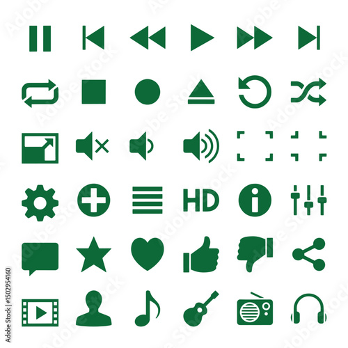 Vector Media Player and Interface Icons Set – Green Multimedia Symbols Collection

