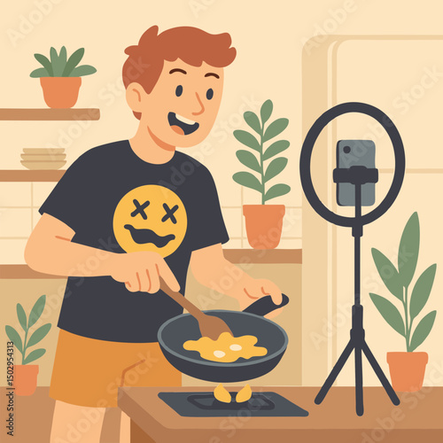 Young Man Cooking Scrambled Eggs While Live Streaming – Flat Vector Illustration