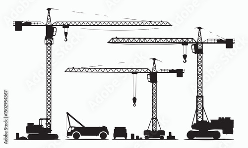 Set of black silhouette illustrations of construction cranes, showing cranes in various positions and machinery at a construction site.