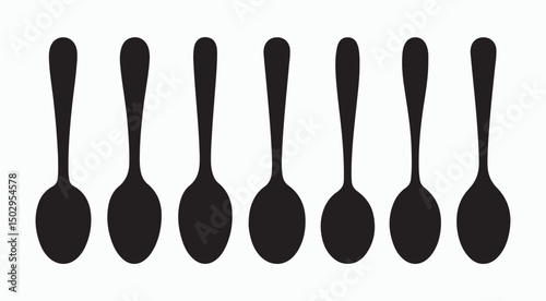  Set of black silhouette illustrations of spoons arranged in a row, representing tableware and kitchen tools.
