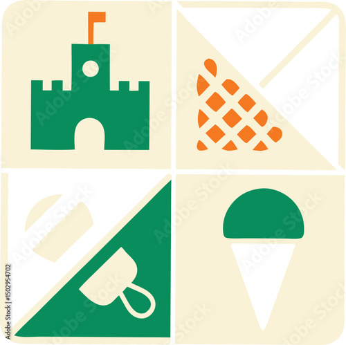 Colorful square composition with summer themed elements in flat minimalist style