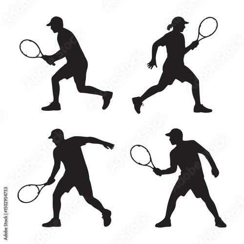 Set of black silhouette illustrations of tennis players in various action poses, depicting movement and athleticism.