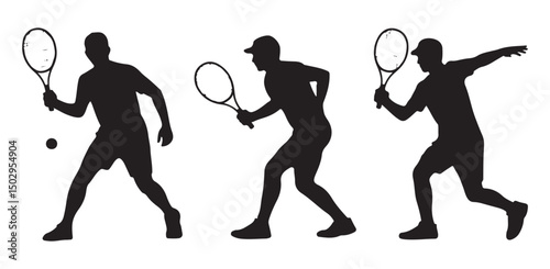 Set of black silhouette illustrations of tennis players in various action poses, depicting movement and athleticism.