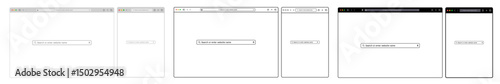 browser window Website mockup template with frames for PC, laptop, tablet, and mobile in fill and outline. Includes white and dark modes. Vector illustration for UI and web design presentations.