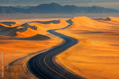 Desert Highway Winding Through Golden Sands and Mountains