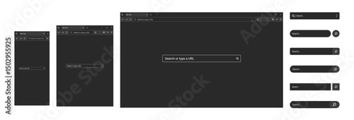 Browser mockups with website window templates for desktop laptop tablet and mobile screens. Includes search bar white and dark modes. Vector illustration for responsive UI and web design presentations