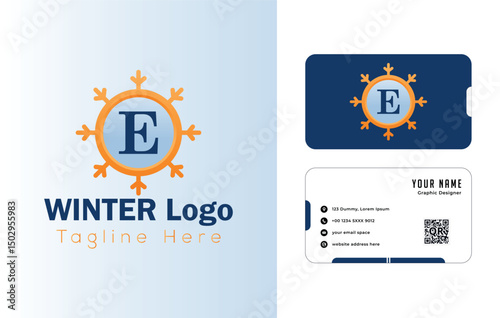 Vector business card design template with infographic elements and icons for web layout winter E logo design