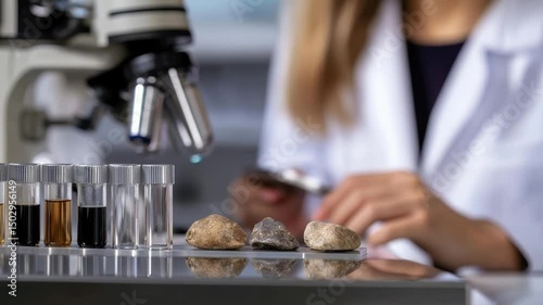 Scientist examining rock samples with test tubes and microscope in laboratory for research and analysis focused on detailed scientific testing
