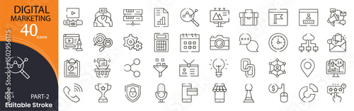 Digital marketing related icons set. Including SEO, email, analytics, content, social media, ads, campaign, and traffic. Editable stroke. outline icons.