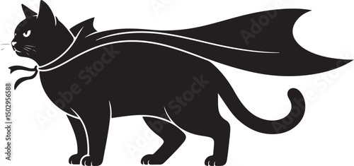 Black Cat Superhero Silhouette Wearing a Cape